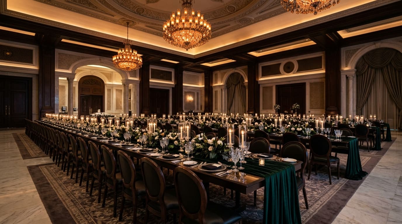 Expansive luxury gala dinner banquet hall with emerald runners and chandeliers