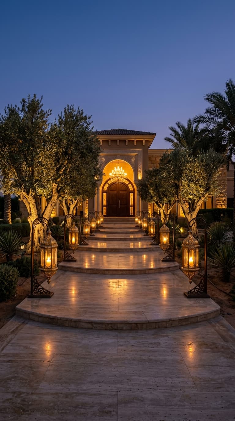 Twilight private event entrance lined with golden lanterns and mature olive trees
