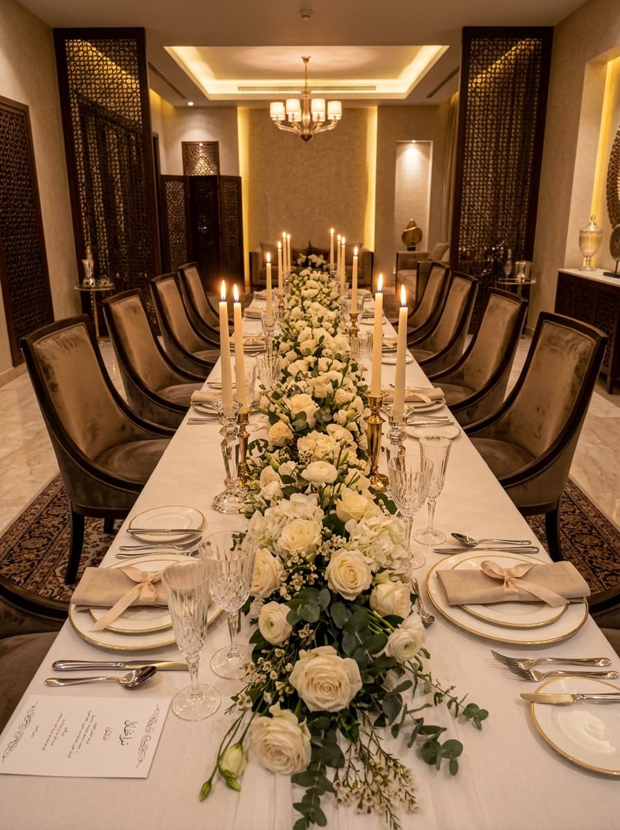 Intimate private celebration dinner setting with floral runner and candlelight