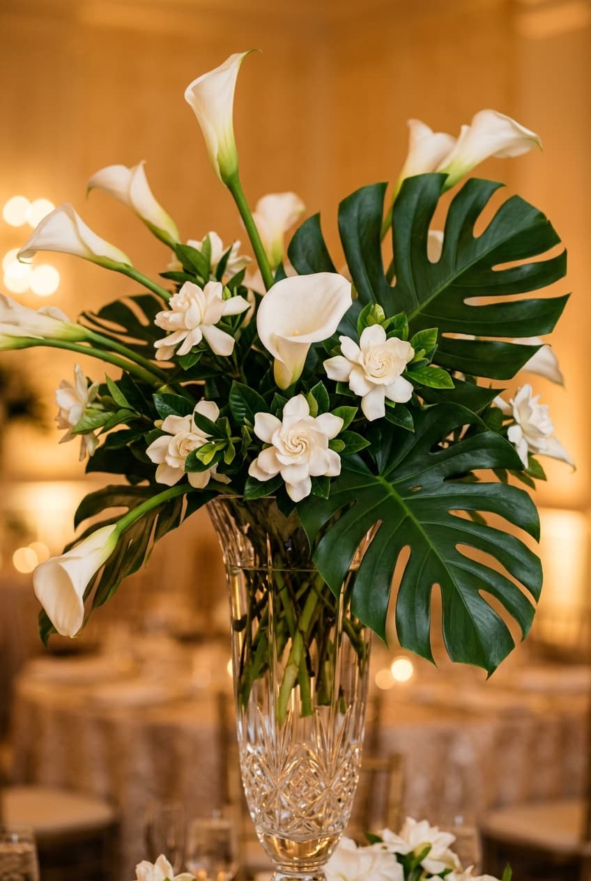Tall fluted crystal vase floral arrangement with calla lilies and gardenias