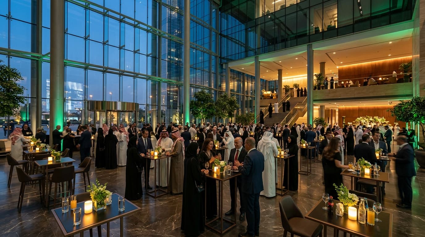 Upscale executive networking reception in grand architectural glass atrium